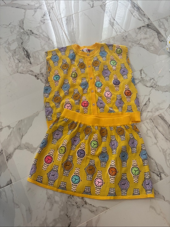 QUEEN OF SPARKLES Tops - Yellow Knit Top & Skirt Set with Multicolor Watch Motif